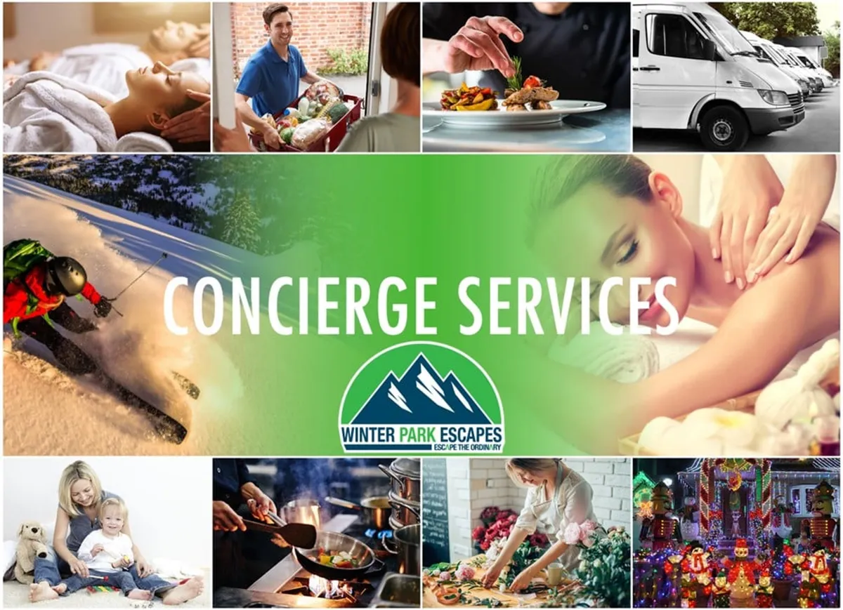 An inviting montage featuring text about concierge services, images of family activities, culinary experiences, relaxation, and wellness. The visuals showcase skiing, spa treatments, cooking, and family bonding, representing a full spectrum of personalized luxury services.