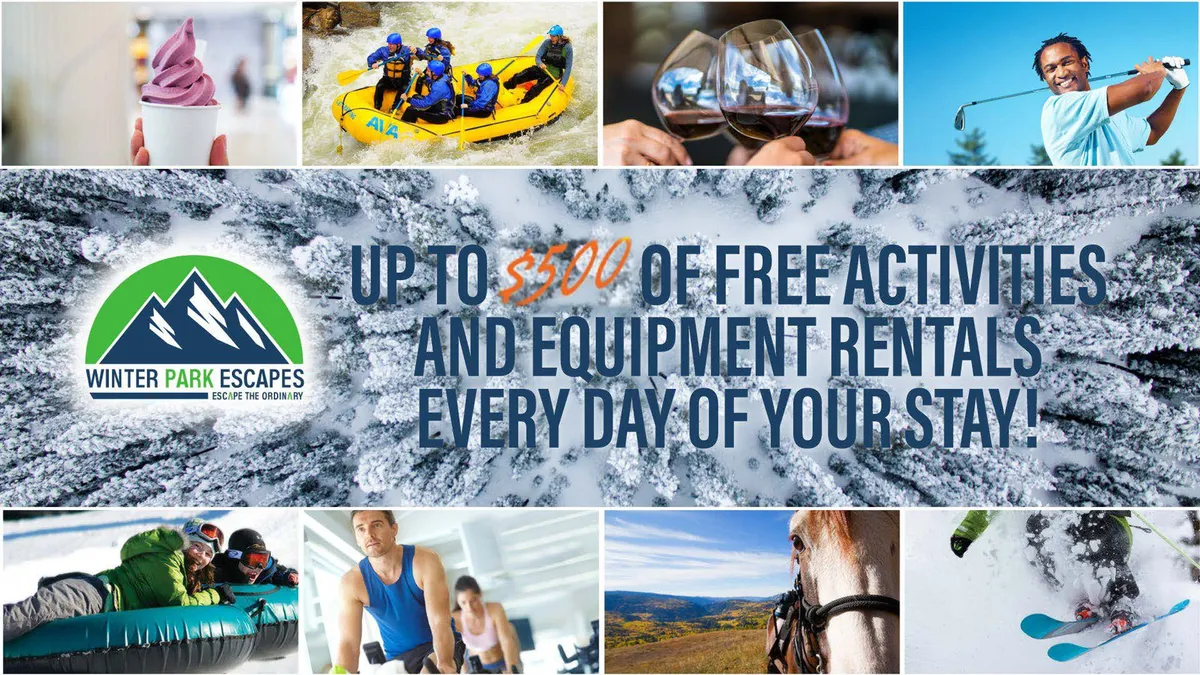 A collage of adventurous activities including snow-capped mountains, rafting, skiing, golfing, horseback riding, and wine tasting. The image conveys excitement and the variety of curated experiences available to residents.