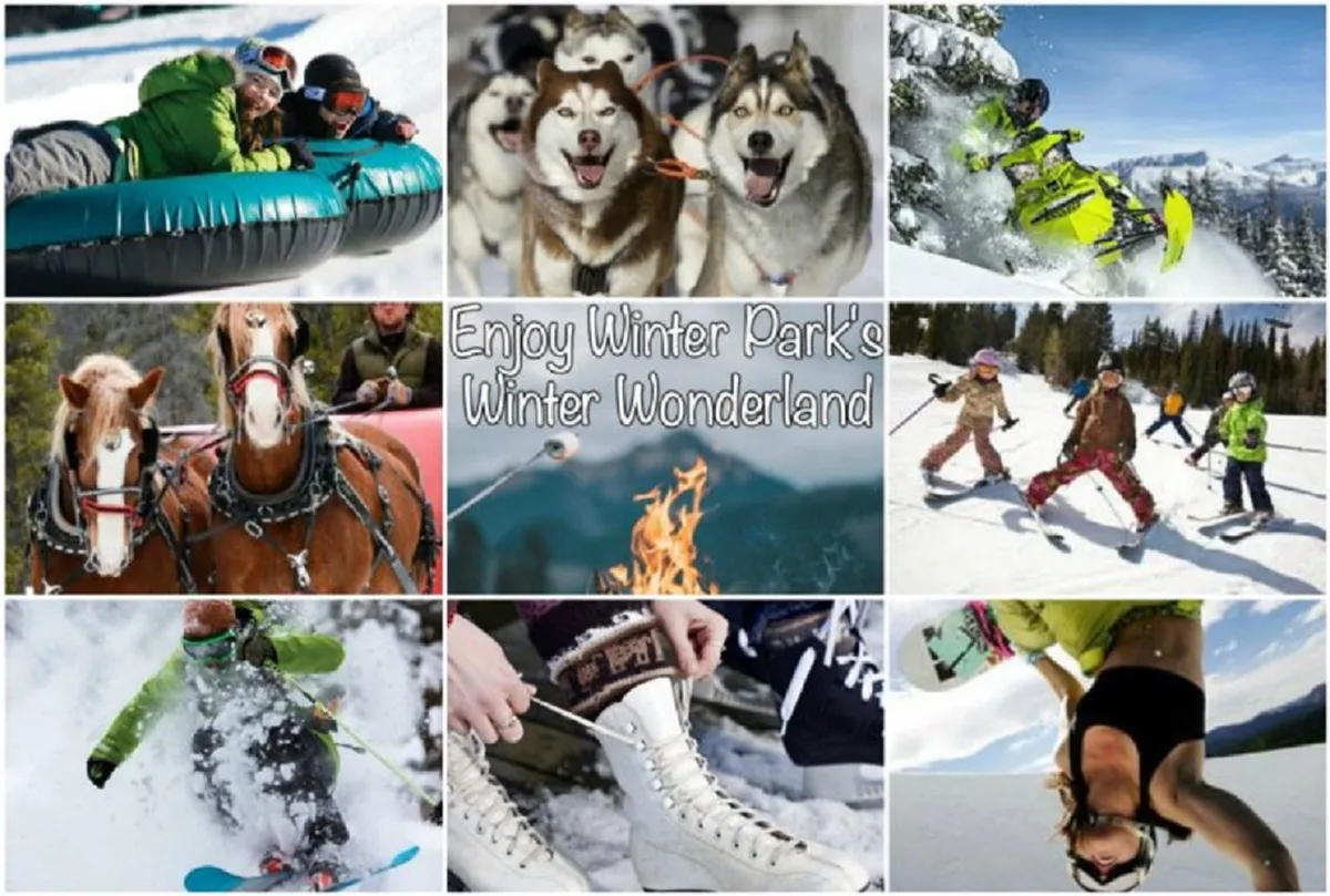 A vibrant winter scene brimming with family-friendly adventure, featuring snow tubing, dog sledding, snowmobiling, and a cozy campfire. Children and adults alike revel in snowy explorations, surrounded by scenic mountains and winter activities.
