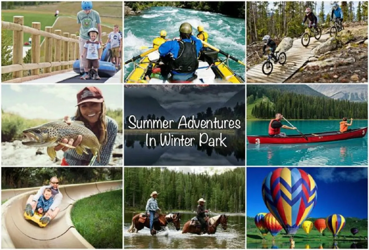 A vibrant and lively scene featuring people engaged in a variety of outdoor activities, including white-water rafting, biking on forested trails, fishing, kayaking, horseback riding, and tubing. Colorful hot air balloons float overhead, adding to the atmosphere of adventure and fun.